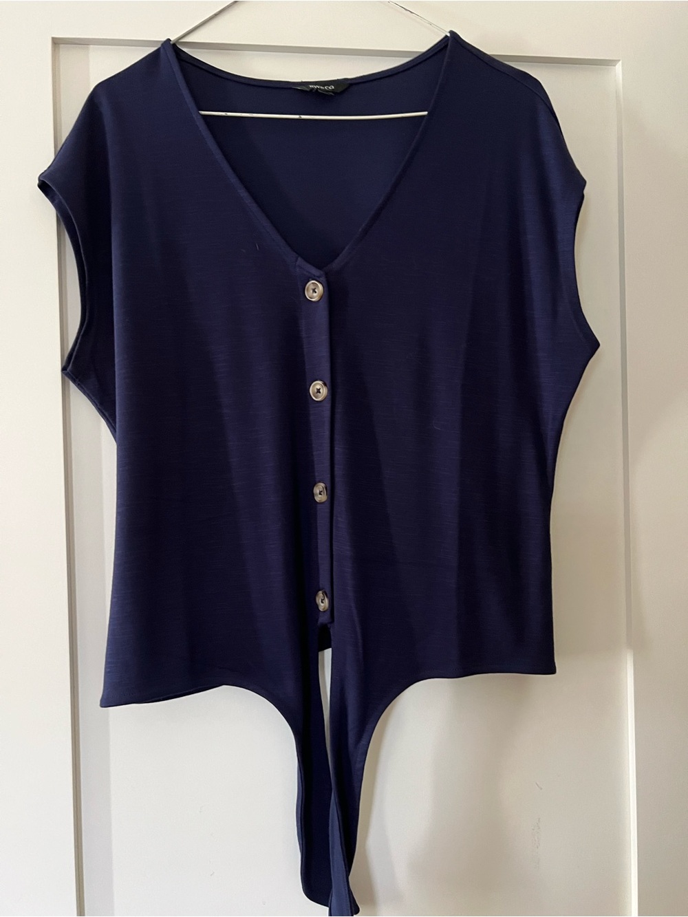 Navy Button-Front V-Neck Tie-Front Top - Women
